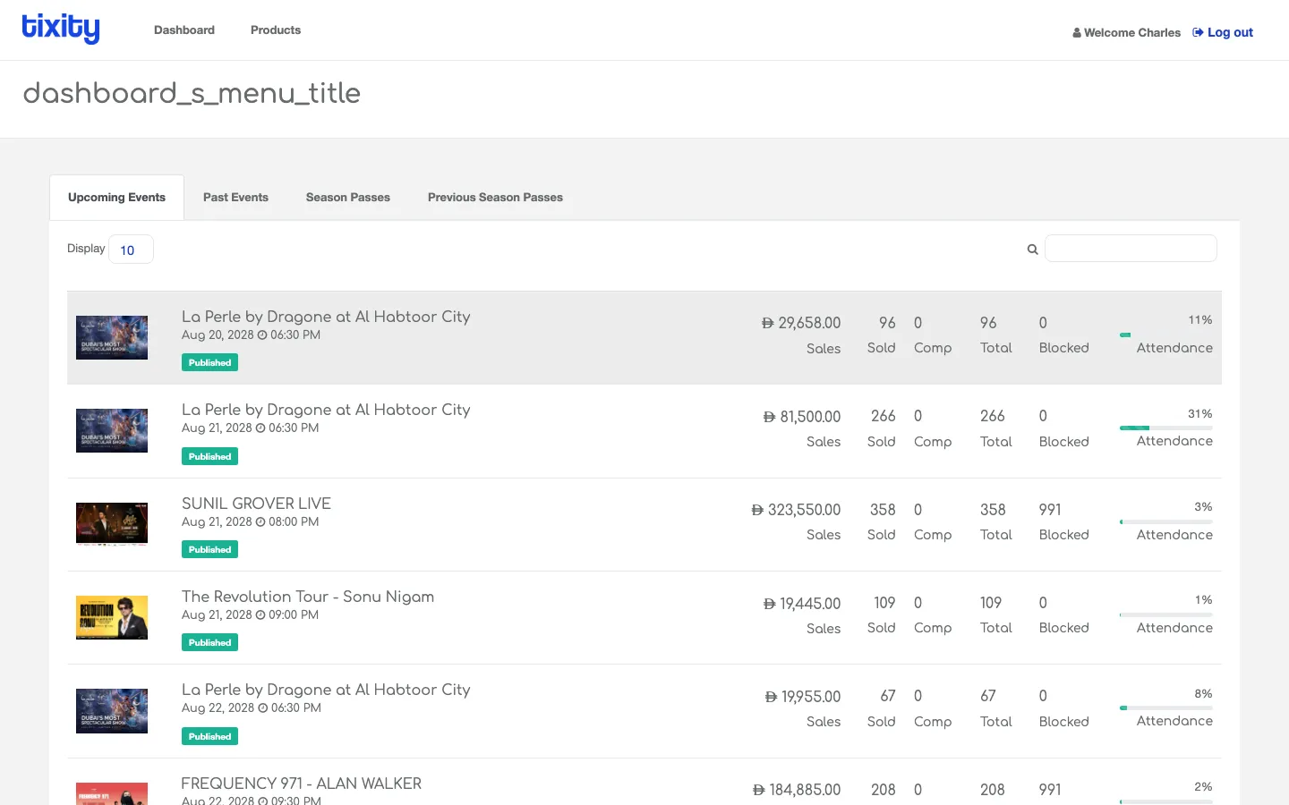 the Events page on the Upcoming Events tab