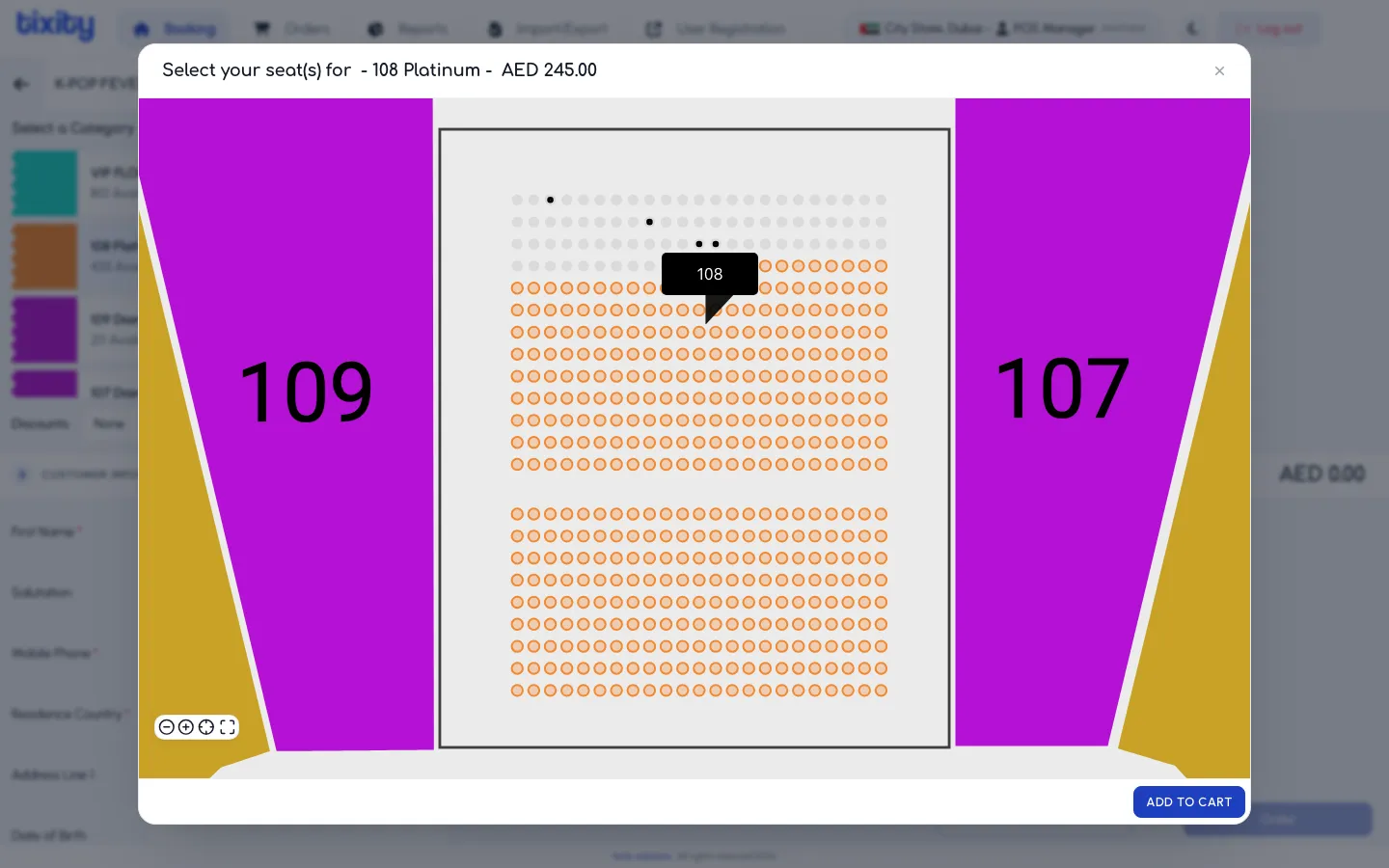 zoomed view of section 108 showing individual seats