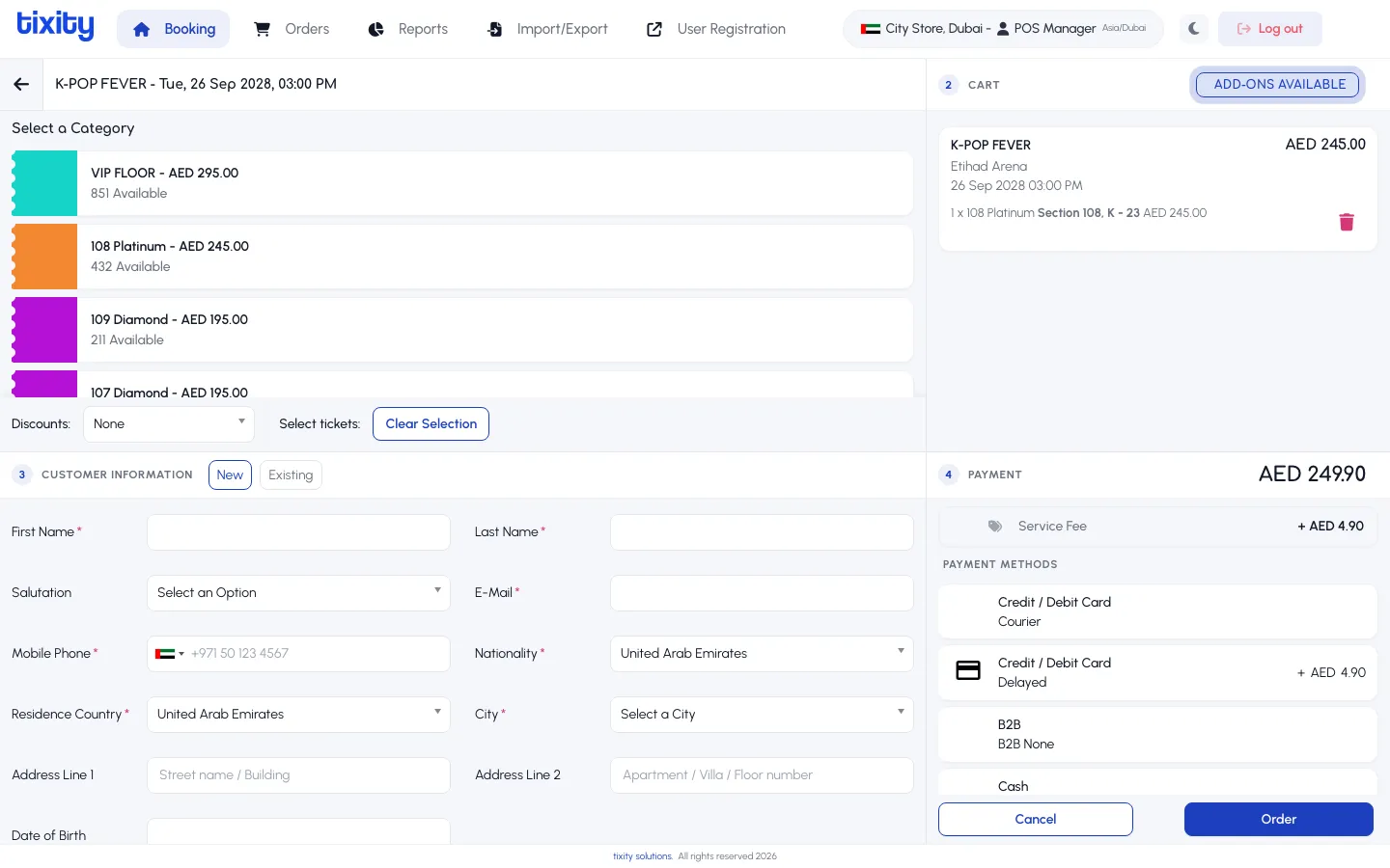 the cart, add-ons pill, and payment methods after adding a seat