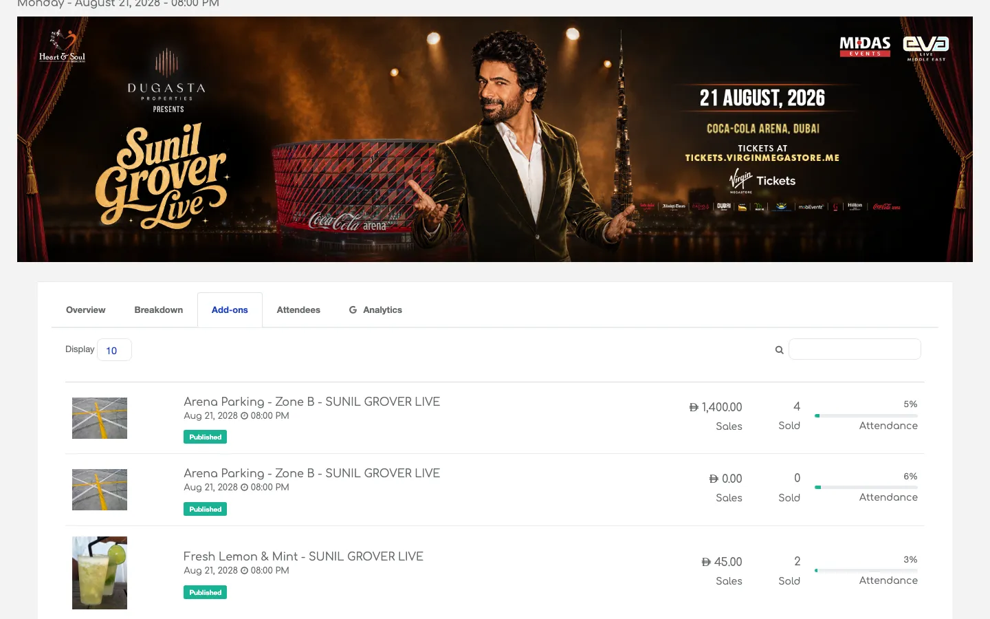 the Add-ons tab for SUNIL GROVER LIVE showing Arena Parking - Zone 8