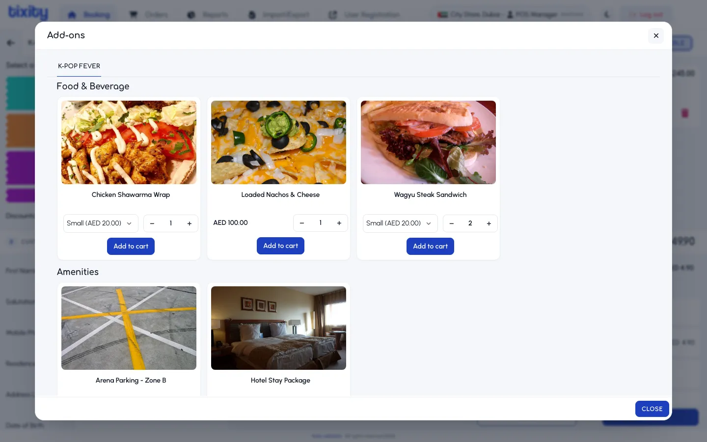 the add-ons dialog for K-Pop Fever showing food and amenities