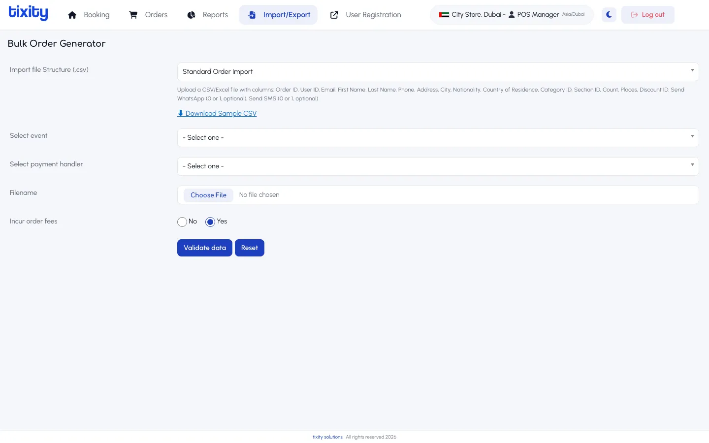 the Bulk Order Generator with an import file structure and event dropdowns