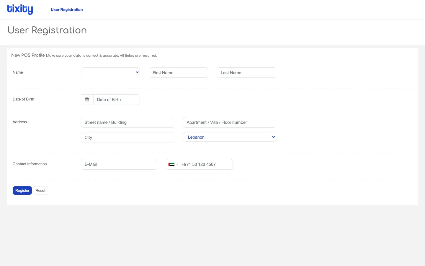 the User Registration form