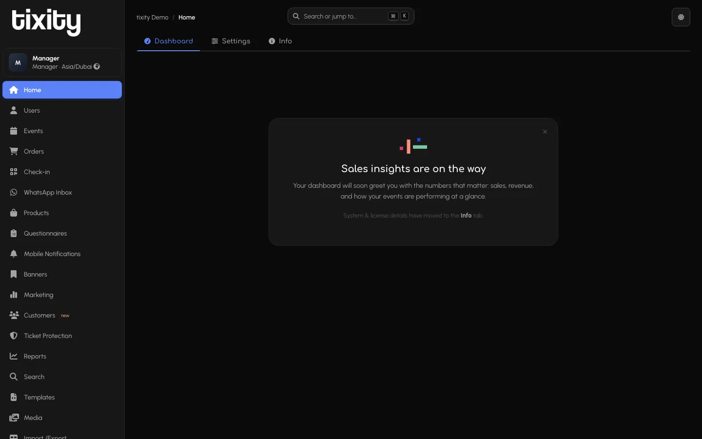 the Admin home page in dark mode