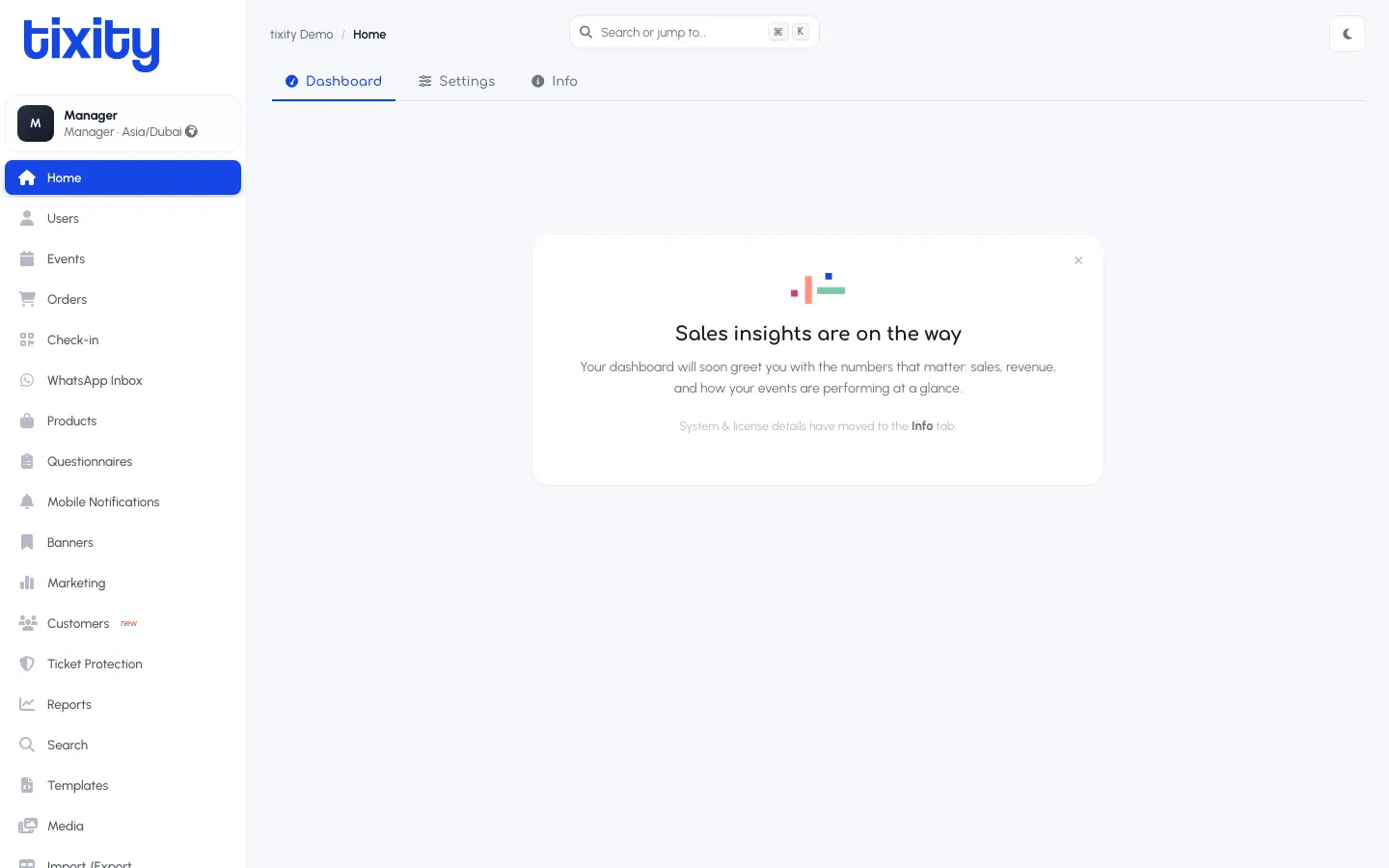 the Admin home page in light mode