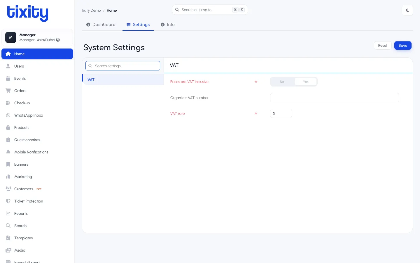 the Settings tab with VAT visible