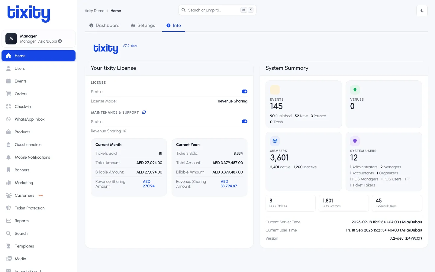 the Info tab showing license and system summary