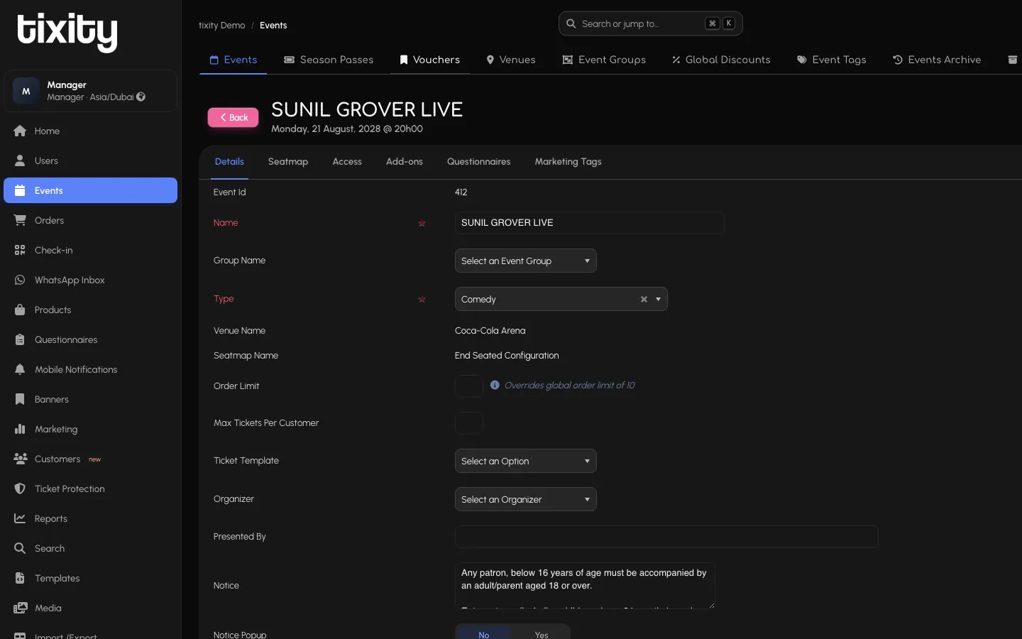 the event editor in dark mode