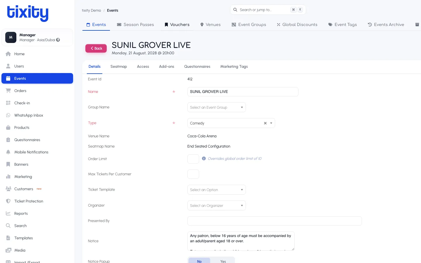 the event editor for SUNIL GROVER LIVE